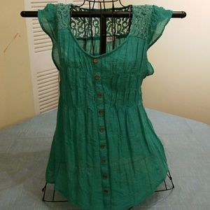 Green tank with lace and ruffle detailing